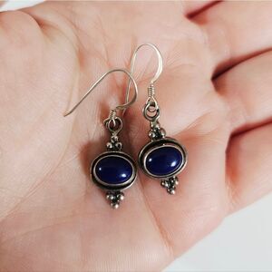 Vintage Sterling Silver 925 Oval Blue Lapis Lazuli Dainty Dangle Drop Earrings